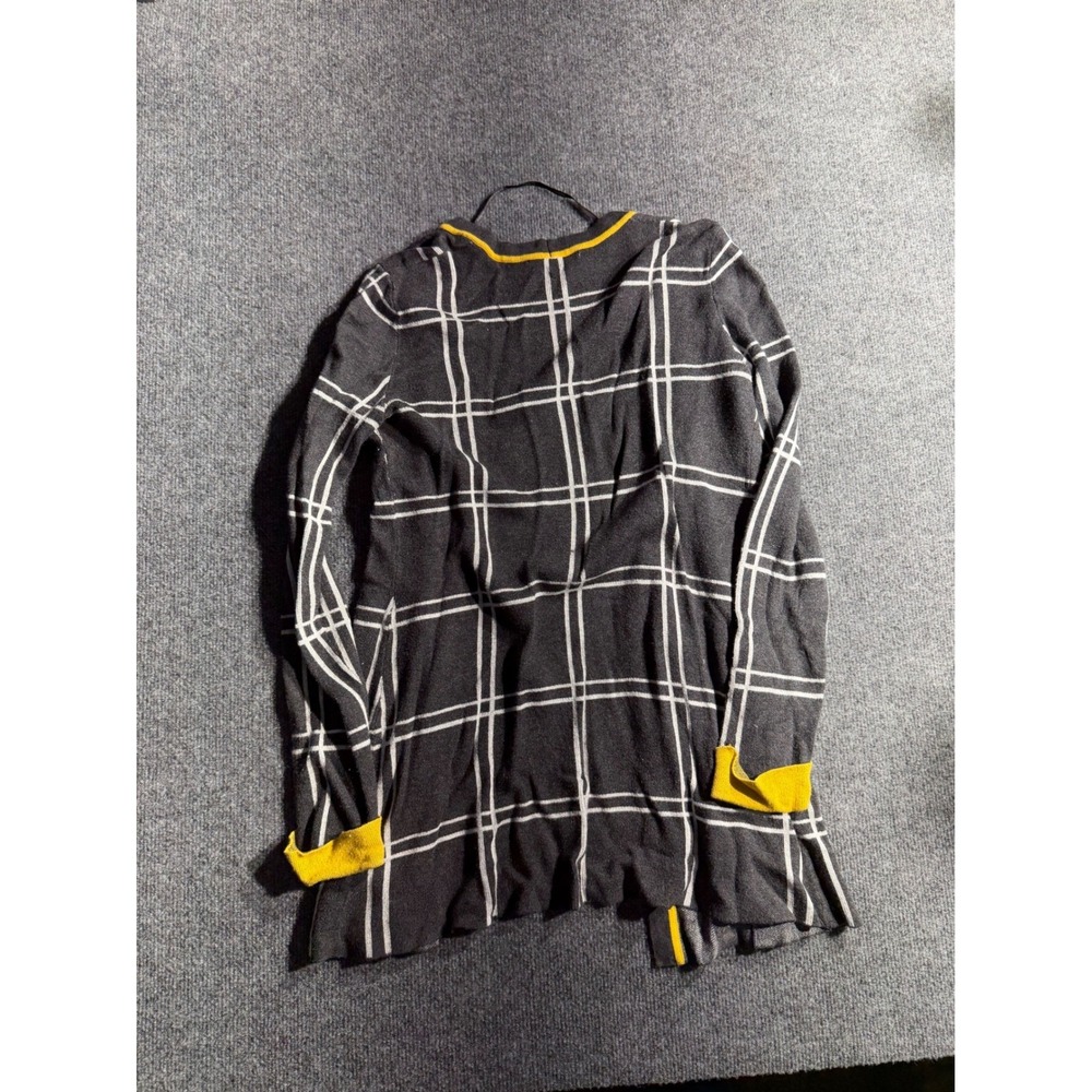 Belldini Grey White Windowpane Plaid Open Front Cardigan Yellow Trim Medium - Picture 9 of 9